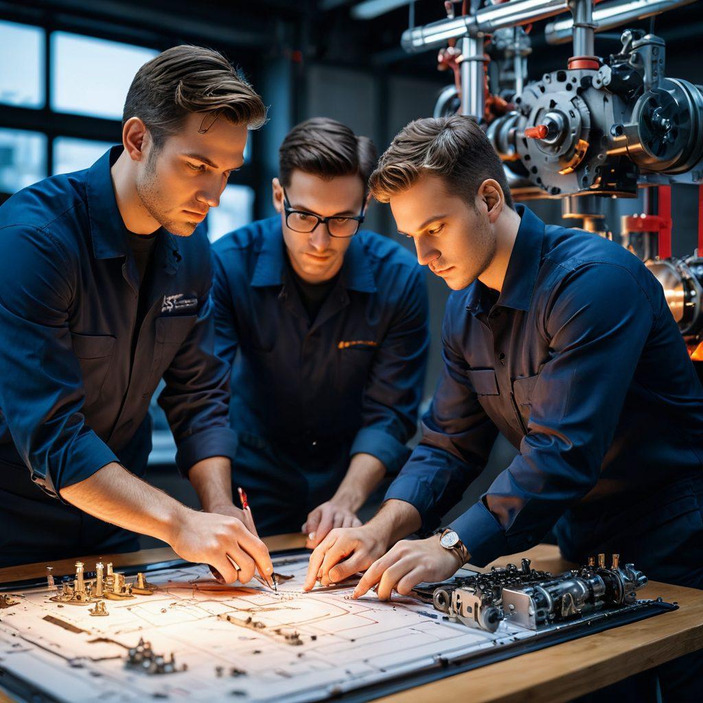 A dynamic illustration of two engineers collaborating closely over a blueprint, surrounded by tools and machinery that symbolize precision. In the background, a heart shape subtly formed by gears and engineering elements, representing the fusion of passion and engineering. Soft, warm lighting to highlight their focused expressions, creating an inviting atmosphere. vibrant colors. super-realistic.