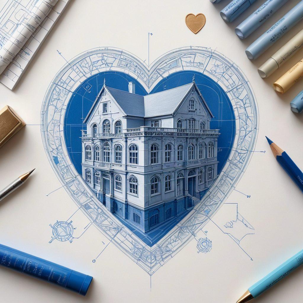A heart shaped blueprint overlaying a beautiful architectural design, blending elements of love and structure. Soft pastel colors create a warm, inviting feel, while intricate details of buildings and love symbols intertwine harmoniously. Include measuring tools and sketches to symbolize the process of design and bonding. super-realistic. vibrant colors. white background.