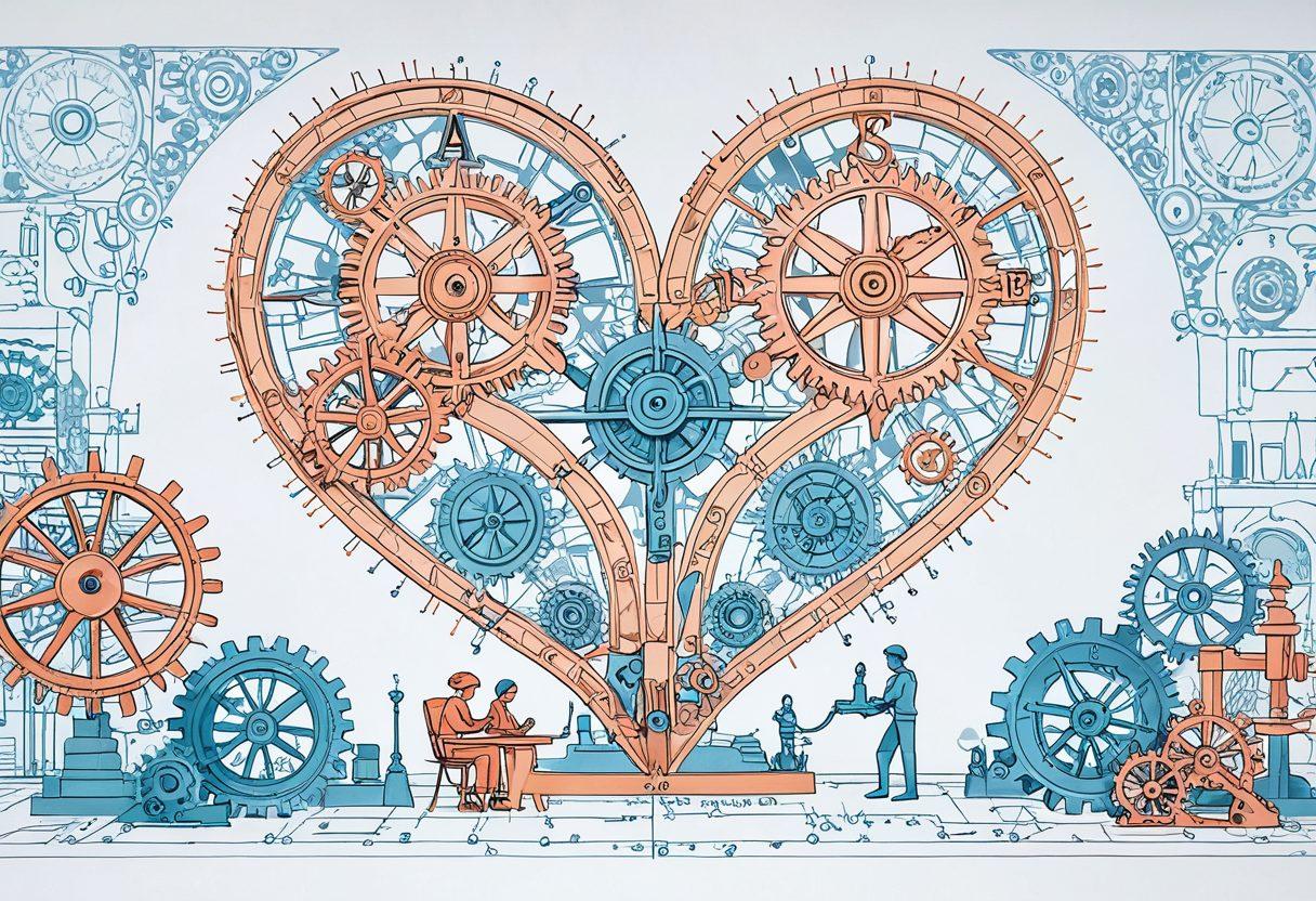 A whimsical illustration of a heart-shaped blueprint overlaid with engineering tools like compasses and gears. In the background, a couple is building a love sculpture together, symbolizing collaboration and creativity in romance. Soft, warm colors envelop the scene, creating a sense of passion and intimacy. Super-realistic. Soft pastel colors. White background.